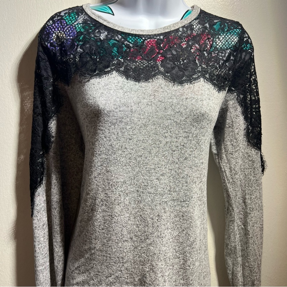 Gray Rewind Sweater with Lace Trim
